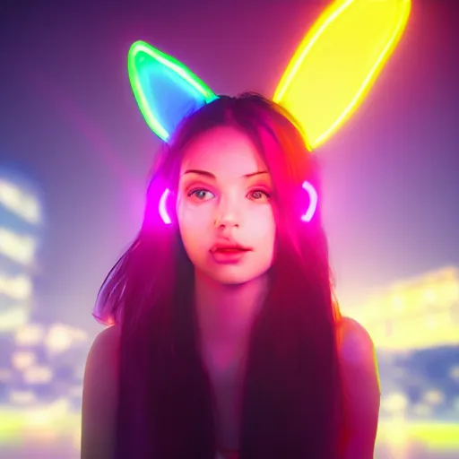 Image similar to cute young woman with robot ears and eyes, 4k, sharp focus, neon colored fluorescent lighting, jordan grimmer