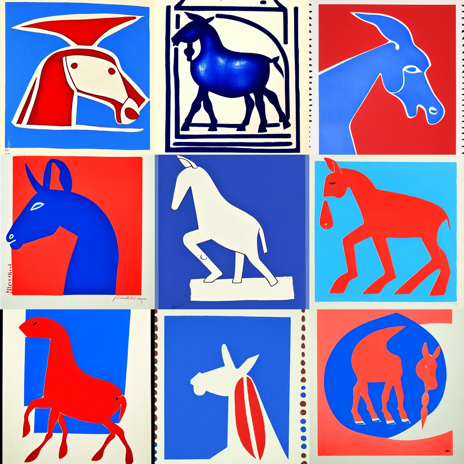 Prompt: lithograph of donkey!! cycladic sculpture on a white background, side view, simplified, silhouette, full body, solid colors, block print, gouache, stamp, iconic, centered, ultramarine blue and red iron oxide