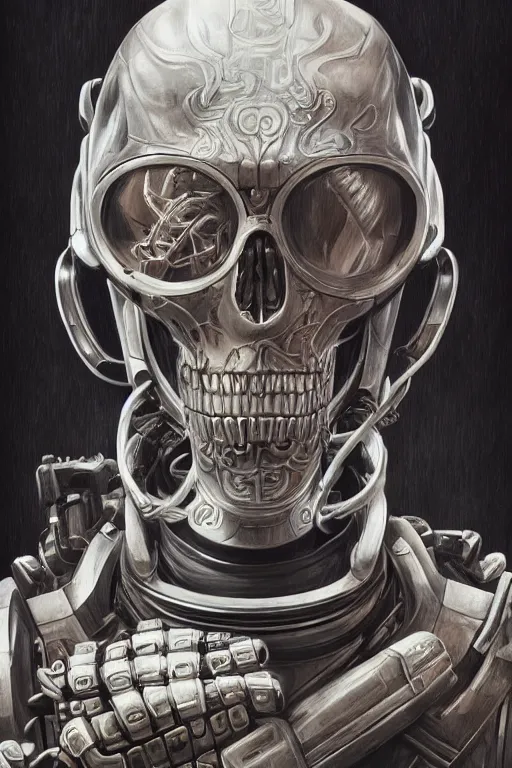 Image similar to Ultra realistic illustration, robot holding a human skull in it's hands, rune-engraved armor, cyberpunk, sci-fi, fantasy, intricate, elegant, highly detailed, digital painting, artstation, concept art, smooth, 8k octane render, extremely hyperdetailed, intricate complexity, sharp focus, illustration, art by artgerm and greg rutkowski and beeple