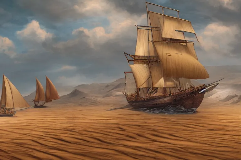 Prompt: clipper ship sailing through a sand desert, surrounded by sand, sand, desert, clean sails, full sails, illustration, fantasy novel cover art