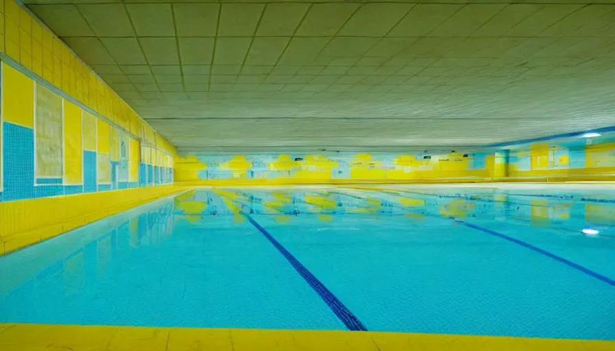 Image similar to 1 9 6 0 s movie still of an empty municipal swimmingpool with yellow tiles with light blue tiles, high quality, high detail, liminal space style