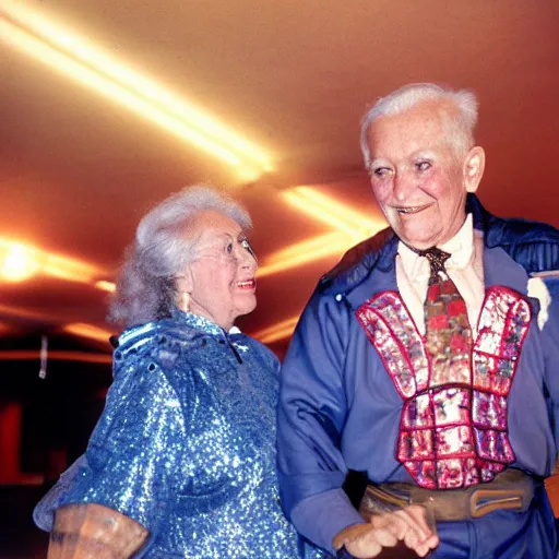 Image similar to a couple of grandparents of 1 0 0 years old wearing knight iron costume and dancing, kodachrome, backlight, add a glow around subj. edge, in twin peaks, 1 9 9 0 s