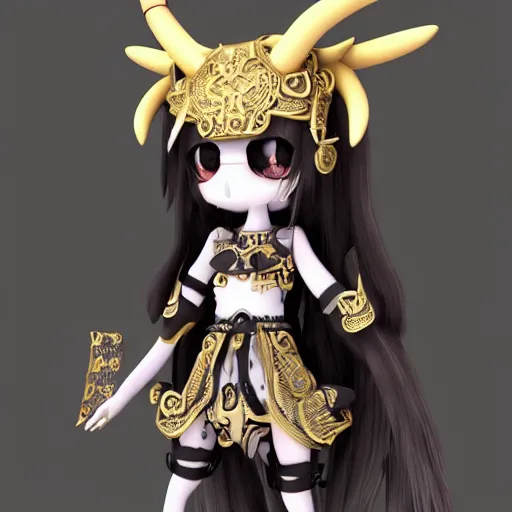 Prompt: cute fumo plush of a goat girl with horns, anime girl, tribal outfit with intricate celtic knot patterns, golden pauldrons, gothic maiden empress, black and white, stark shadows, artstation, vray