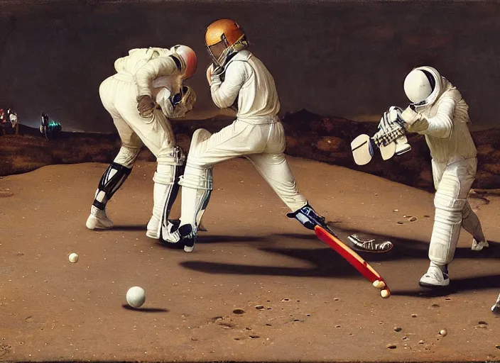 Prompt: a cricket match on the moon by edgar maxence and caravaggio and michael whelan and delacroix style, artistic, intricate painting, cinematic lighting, hyper realistic, extremely detailed, establishing shot, 8 k resolution, dramatic lighting