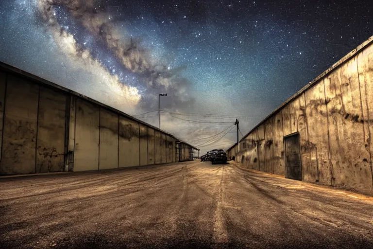 Image similar to favela parking garage hangar, arid environment, industrial factory, cliffs, gloomy, milky way, award winning art, epic dreamlike fantasy landscape, ultra realistic,