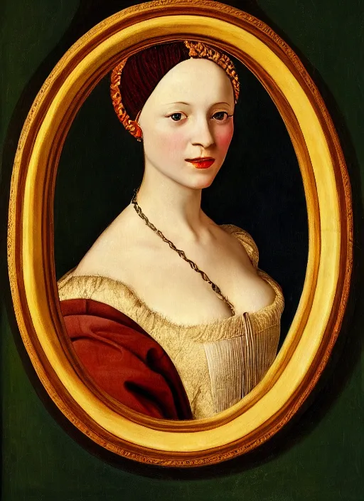 Image similar to portrait of young woman in renaissance dress and renaissance headdress, art by adolf ziegler