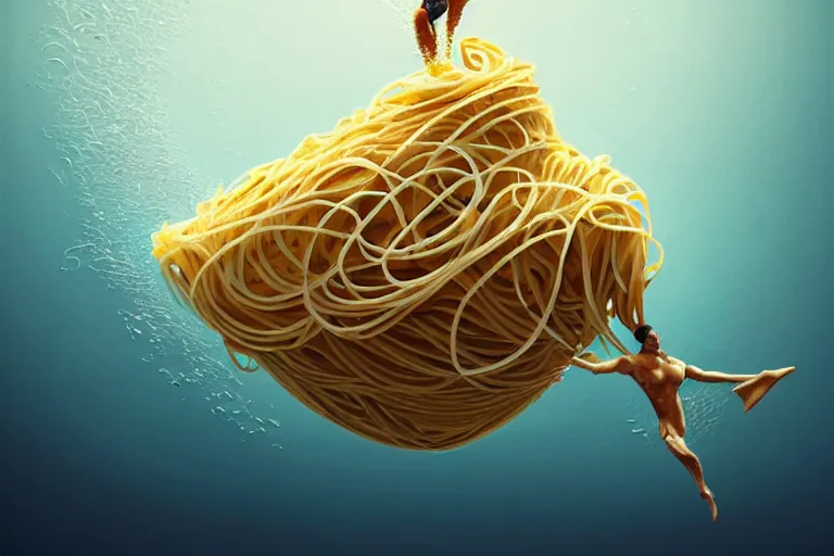 Image similar to olympic diver made of pasta diving into a pool of pasta, splash, art deco intricate ripples, fantasy, elegant, highly detailed, sharp focus, art by artgerm and beeple and greg rutkowski and wlop