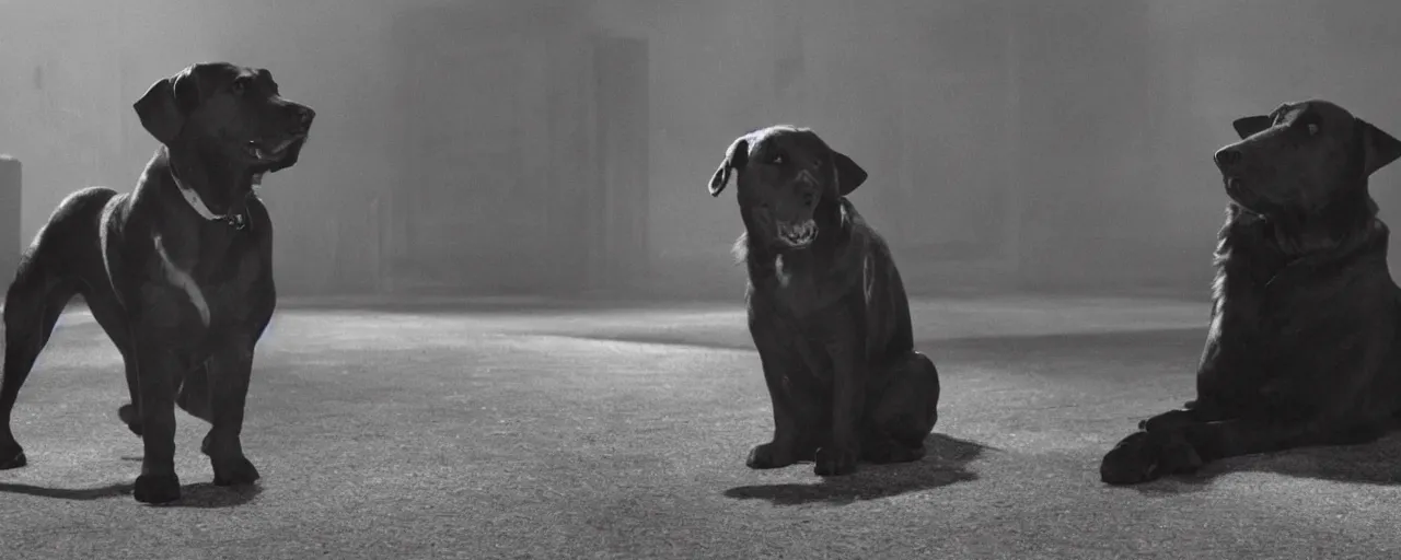 Image similar to A still frame from a noir movie in black and white featuring an old big black dog who is a private investigator, cinematic composition, dramatic lighting