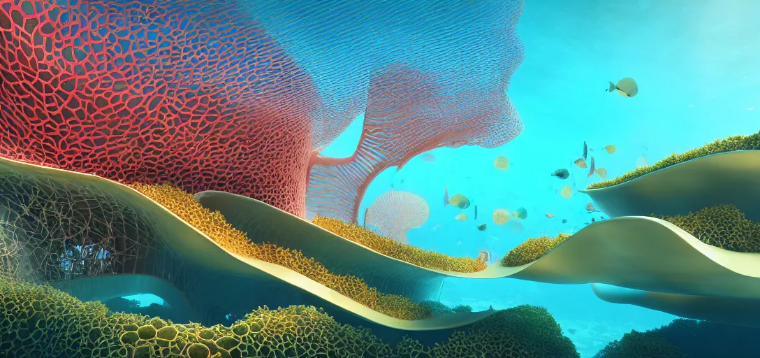 Image similar to solarpunk underwater coral shaped buildings by frank gehry and wlop, dystopian golden buildings by santiago calatrava and zaha hadid, underwater seascape, kelp forest flynn reef, light rays, sharp focus, big bubble waterfalls, colorful coral algaes forest, subsurface scattering, rule of thirds, redshift render