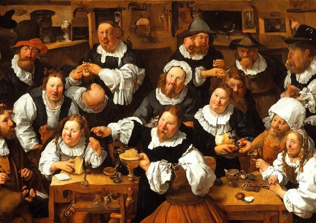 Prompt: Jan Steen. One Beautiful woman big in the center looking at us. Pig, dog, duck, window. Netherlands tavern, low ceiling, small chamber. Hyperrealistic, ultra detailed, 80mm, museum, artwork.