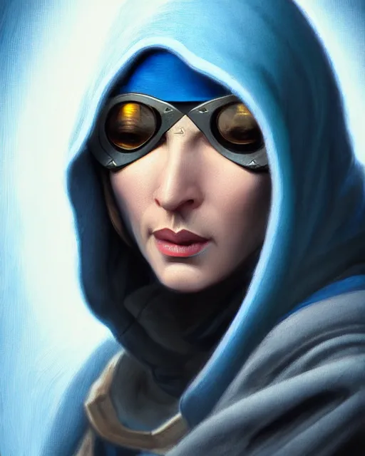 Image similar to ana from overwatch, eye patch, older woman, gray hair, blue hooded cloak, character portrait, portrait, close up, highly detailed, intricate detail, amazing detail, sharp focus, vintage fantasy art, vintage sci - fi art, radiant light, caustics, by boris vallejo