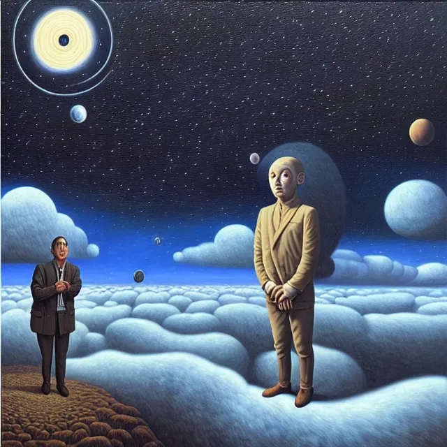 Prompt: an oil on canvas portrait of a man realizing he is the one with the universe, surrealism, surrealist, cosmic horror, rob gonsalves, high detail