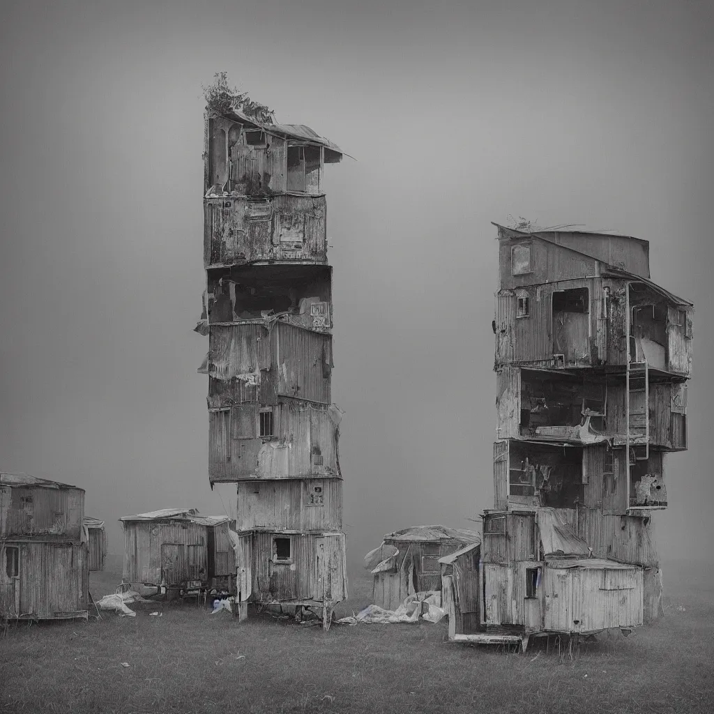 Image similar to two towers, made up of makeshift squatter shacks with pastel colours, misty, dystopia, mamiya rb 6 7, fully frontal view, very detailed, photographed by trent parke