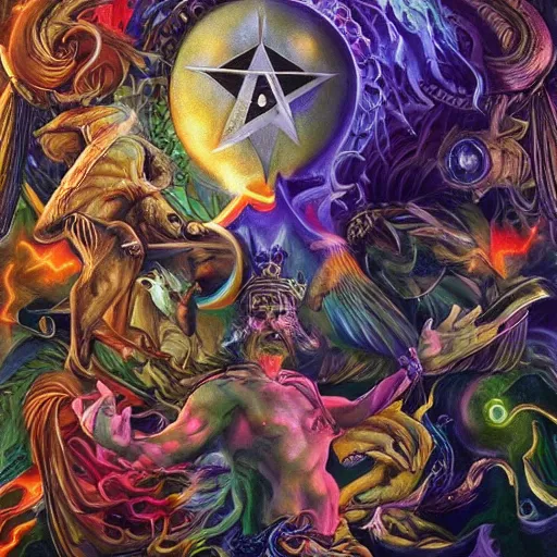 Image similar to crazy hermetic magician working with elementals, picture full of symbolism, tarotlike, dynamic colours, hyper detailed, hyper realistic