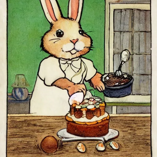 Prompt: a rabbit baking a cake, in the style of Carl Larsson