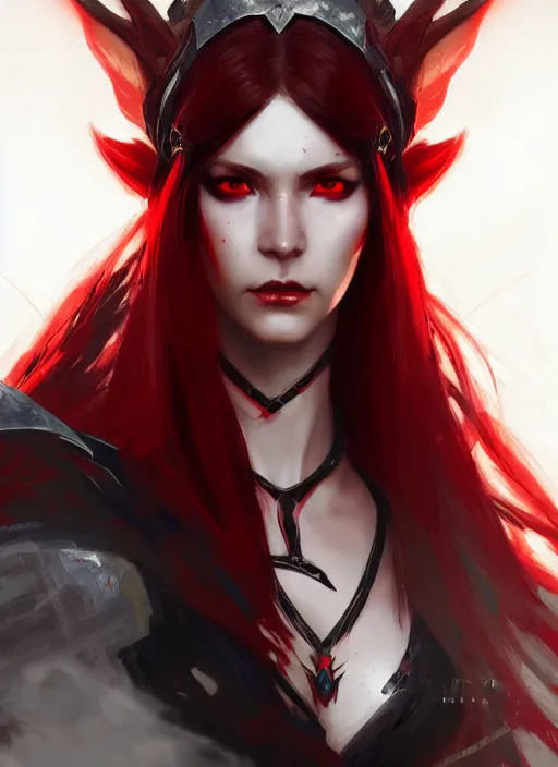 Image similar to Half-body portrait an elven warrior princess with black and red hair. In style of Hyung-tae Kim and Greg Rutkowski, concept art, trending on ArtStation, Korean MMORPG, over-detailed art, 8K, epic, dynamic lightning, dramatic pose.