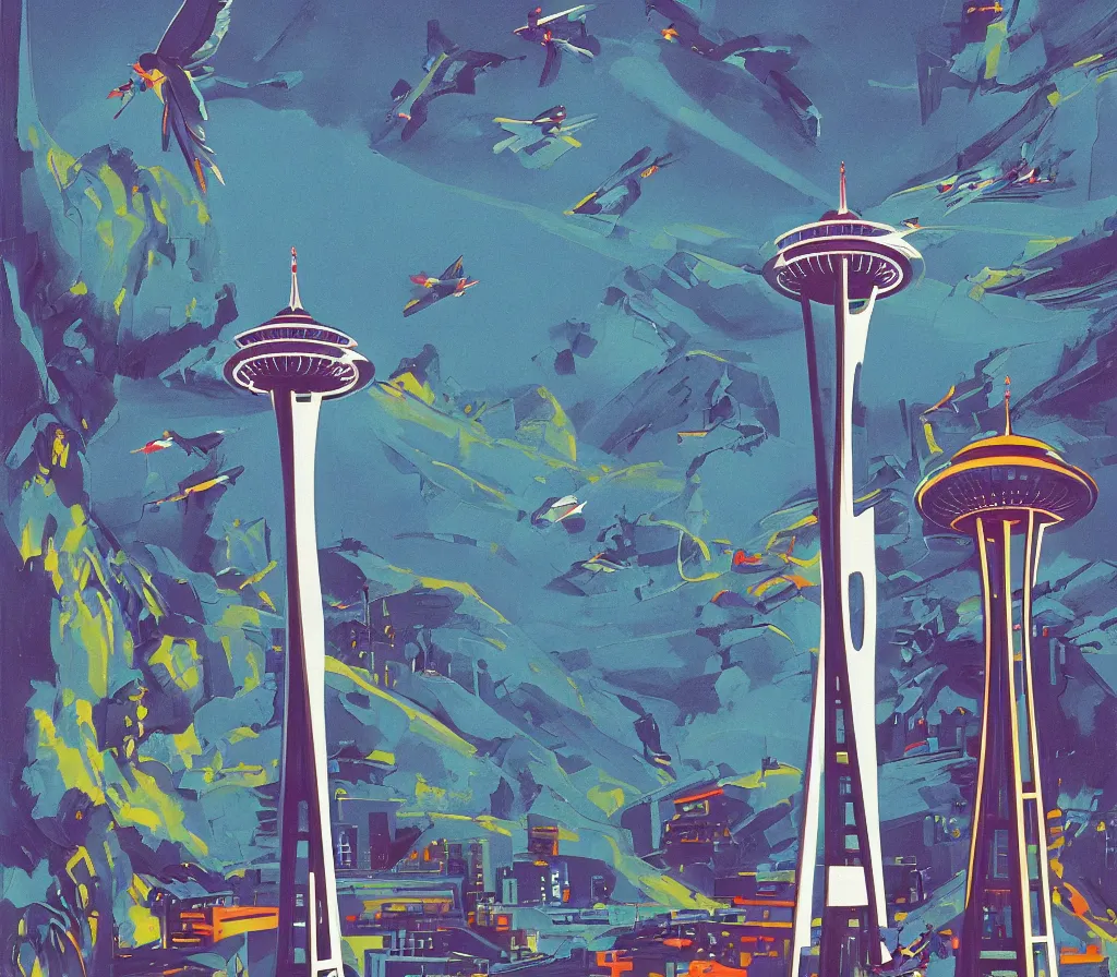 Image similar to angels over the seattle space needle, modernism, gouache, animated film, stylised, illustration, by eyvind earle, scott wills, genndy tartakovski, syd mead