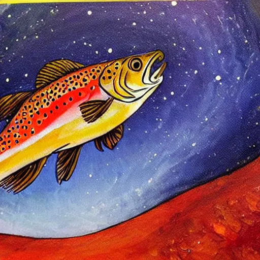 Image similar to a painting of a trout swimming in outer space, naushadarts