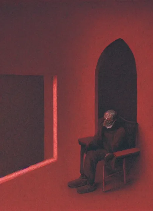 Image similar to beksinski style older man sitting on a chair in dark basement with red walls and one window