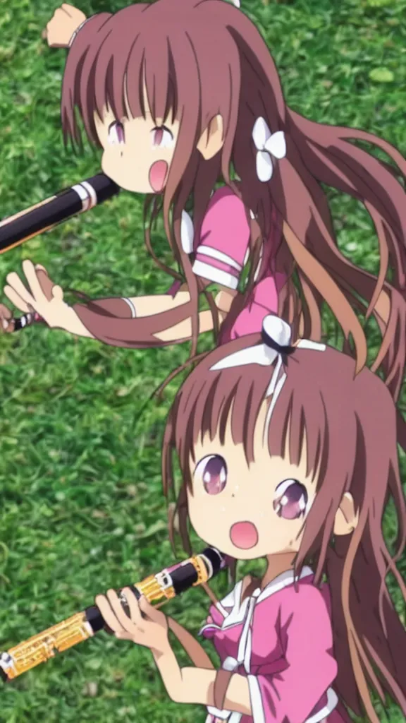 Image similar to Renge Miyauchi from non non biyori, chibi anime, excited expression, playing a recorder