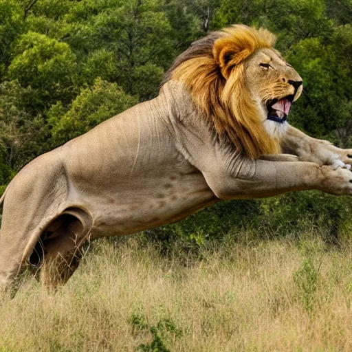 Prompt: a 4 k photo of a lion attacking an elephant on a hill