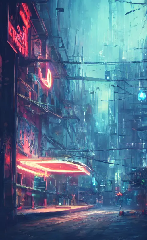 Image similar to a blurry neon sign in the distance, dynamic lighting, photorealistic fantasy concept art, trending on art station, stunning visuals, creative, cinematic, ultra detailed