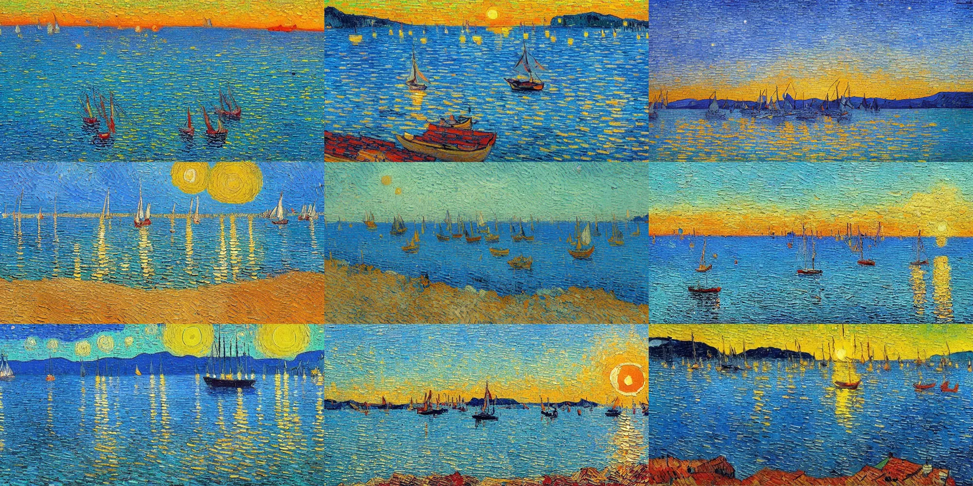 Prompt: Croatian coastline, sunrise, sailboats, Van Gogh painting