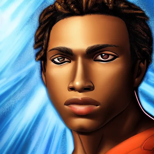 Prompt: a marvel movie style portrait design featuring a young male african american superhero johnny storm with brown dreadlocks hair, blue uniform with the number 4 on the chest in a round logo, full body, hair and arms on fire, cinematic, high detail, no imperfections, extremely symmetric facial features, unreal engine, 8 k, by kevin fiege