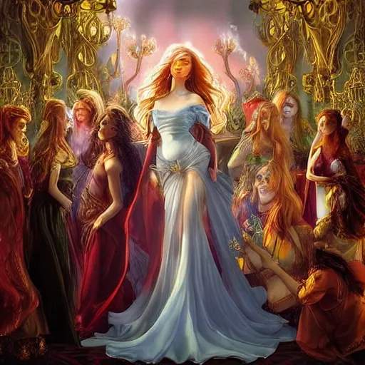 Prompt: Fantastic, fairytale painting, Beautiful, female mage, long flowing red hair, light emitting from fingertips, hovering, ornate gown, royalty, surrounded by a crowd of people, onlookers, kingdom, royal court, hyperreal,