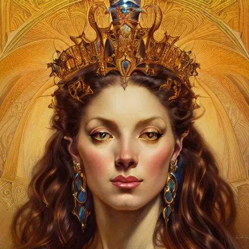 Image similar to highly detailed portrait of a majestic lioness queen in the form of a beautiful woman. d & d. art by eugene delacroix and donato giancola and anna dittmann and, arthur adams, alberto vargas. trending on artstation, intricate details, energetic composition, golden ratio, concept art, illustration, elegant art, global illuminaition