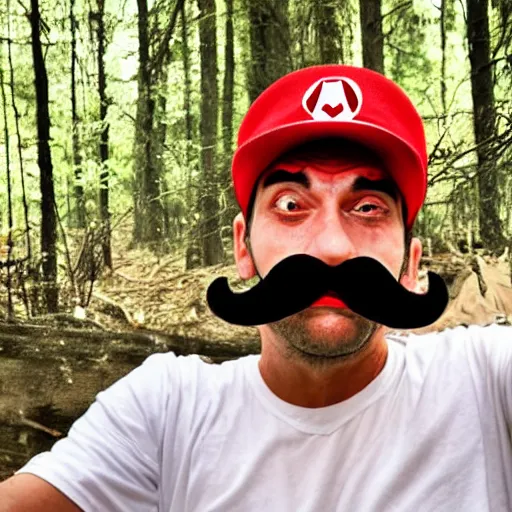 Prompt: italian man with a mustache dressed as mario wearing a solid red mario hat crying tears of joy hugging a red mushroom with white spots, in a forest, photography