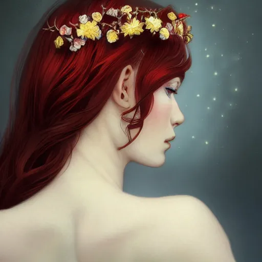 Image similar to side portrait of a beautiful girl, red hair, flower crown, white dress, headshot, hyper realistic, pale skin, 4k, rule of thirds, beautiful eyes, extreme detail, detailed drawing, trending artstation, hd, fantasy, D&D, realistic lighting, by Alphonse Mucha, Greg Rutkowski, sharp focus, backlit, elegant