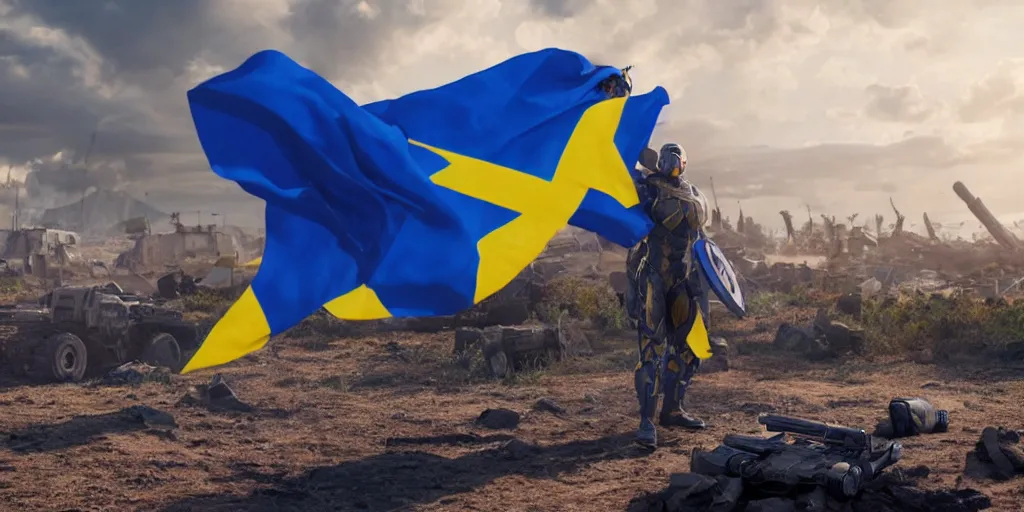 Image similar to an octane render of super soldier with Ukrainian blue and yellow flag at the battle field of avengers endgame, cinematic, high resolution film render 100k, photo realistic, unreal engine