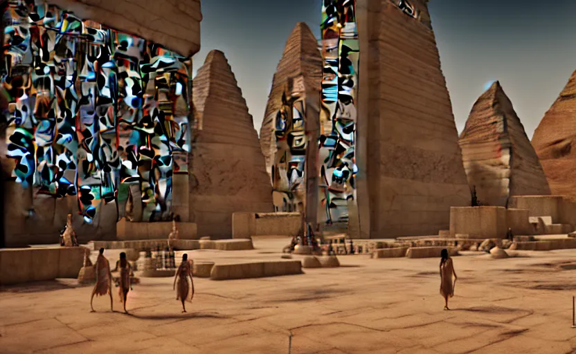 Image similar to inside an ancient egyptian inspired futuristic kingdom city with people walking around, highly detailed, 8 k, hdr, award - winning, octane render, artstation