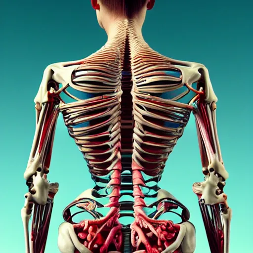 Prompt: Portrait of the back of a woman in with many biomechanical details wrapped in bones, full lenght view. white plastic, skull, muscles, tumors, veins, !!!Vogue magazine!!! halo. octane rendering, cinematic, hyperrealism, octane rendering, 8k, depth of field, bokeh. iridescent accents. vibrant. teal gold and red color scheme, 8k