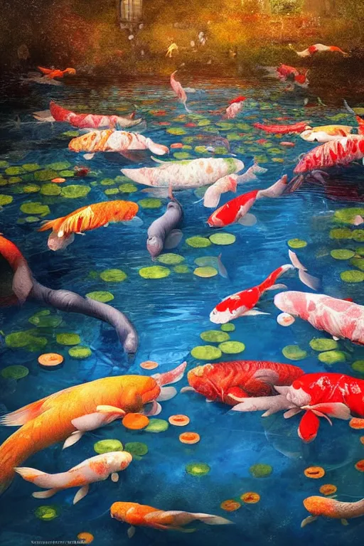 Image similar to nenufar in a pond surrounded by koi carp, colorful, blue backgroung,clean, joyful, intricate, elegant, volumetric lighting, scenery, digital painting, highly detailed, artstation, sharp focus, illustration, concept art, ruan jia, steve mccurry