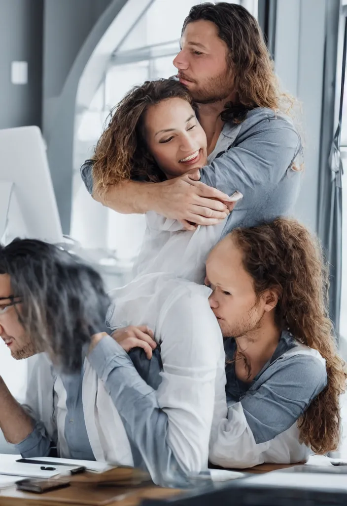 Image similar to wife hugging her husband that is working at his futuritic desk looking at the window with a futuristic city, highly detailed