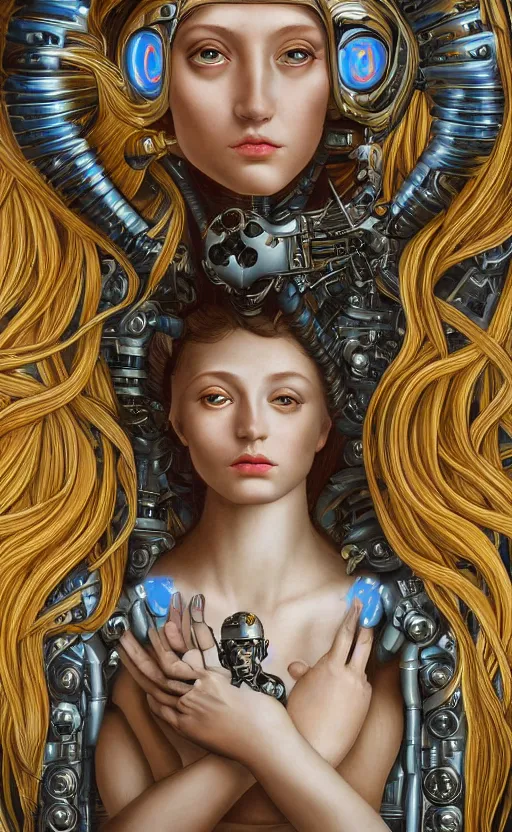 Prompt: beautiful mural of a young cyborg queen, piercing glowing robot eyes, elegant, striking composition, highly detailed ornate sci fi background, mural in the style of sandro botticelli, caravaggio, albrecth durer, 8k