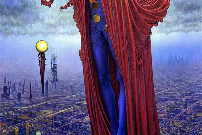 Image similar to realistic extremely detailed portrait painting of an elegantly creepy vampire man in a cape, futuristic sci-fi city on background by Jean Delville, Amano, Yves Tanguy, Alphonse Mucha, Ernst Haeckel, Edward Robert Hughes, Roger Dean, rich moody colours, blue eyes