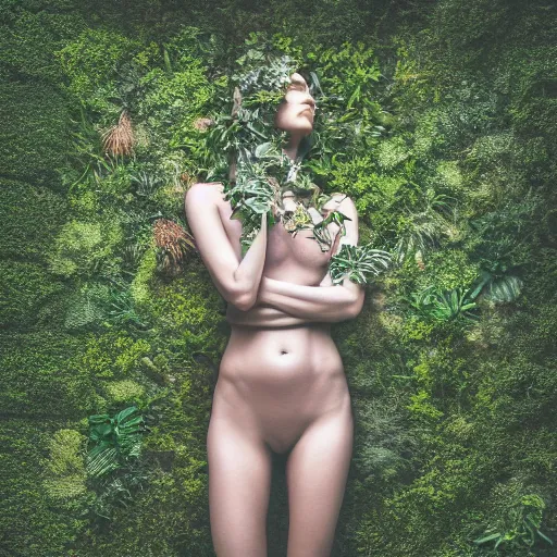 Prompt: a beautiful girl made out of plants, full body shot, 8 k, shallow depth of field, moody lighting, cinematic lighting,
