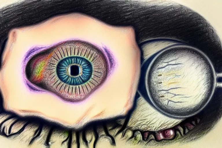 Image similar to a pastel drawing of horrific depiction of eye surgery, eyes of a person.