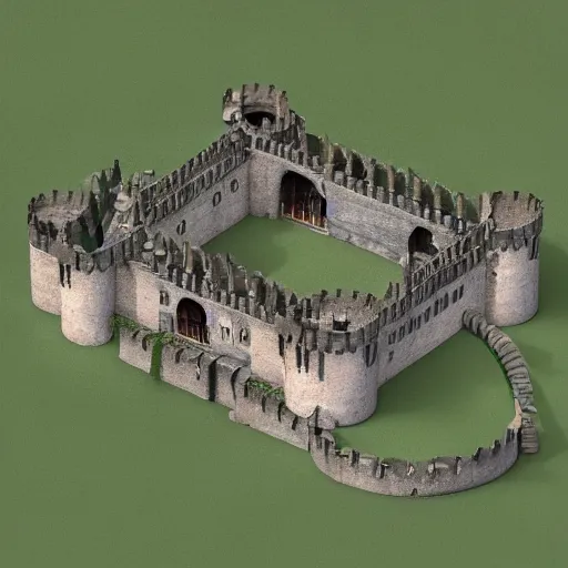 Prompt: medieval castle in a jungle, 3 d, isometric, low poly, courtyard