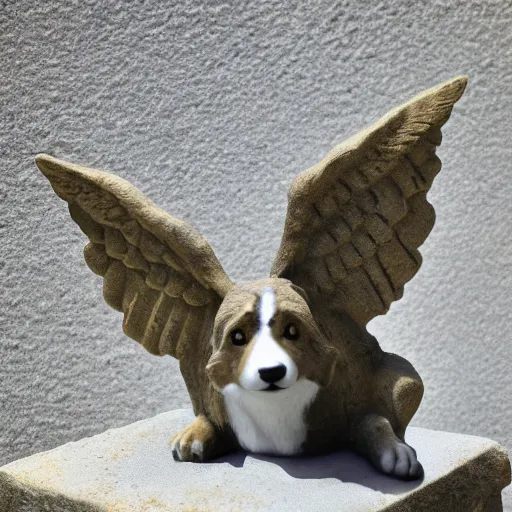 Image similar to corgi gargoyle with wings made of stone, uncropped, photography