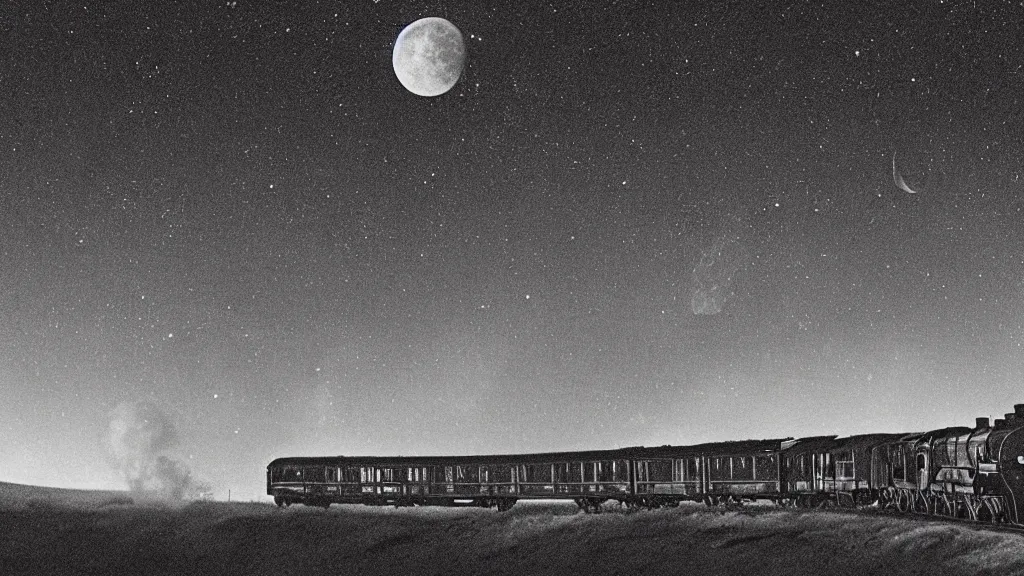 Prompt: A spectral steam locomotive pulling a train of 13 coach dimly lit by green light belching fire and smoke as it thundering across the Badlands as a ominonus moon looms in a cloudless night sky