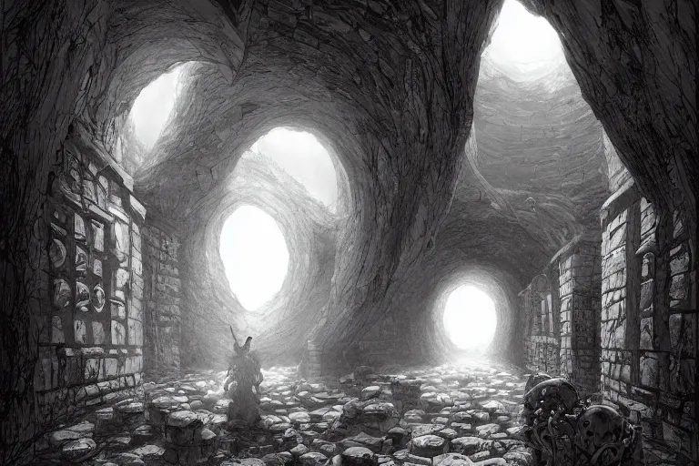 Prompt: black and white one point perspective hellscape dungeon cozy fantasy dungeon hallway view with pit in the middle of the ground by artgerm and Craig Mullins, James Jean, Andrey Ryabovichev, Mark Simonetti and Peter Morbacher 16k