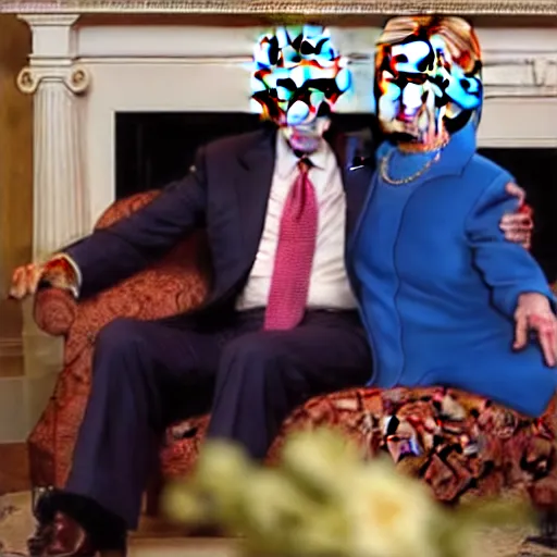 Image similar to joe biden cuddling on a loveseat with hillary clinton next to a cozy fire while they watch a pelican in a top hat do a funny jig in front of them