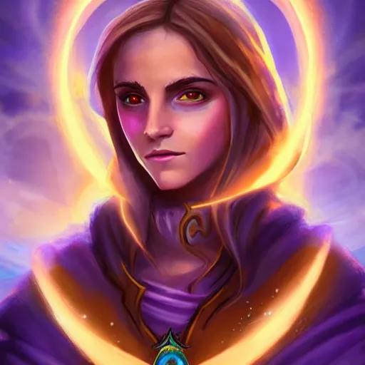 Image similar to beautiful holy female wizard, yellow lighting, emma watson face, in hearthstone art style, epic fantasy style art, fantasy epic digital art, epic fantasy card game art