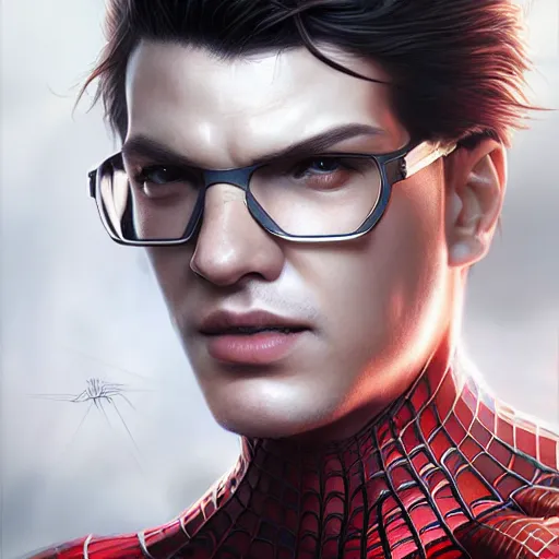 Image similar to characters portrait of Neo mixed with Spiderman by ArtGerm and Tom Bagshaw, merged character, 4k, highly detailed, cinematic lighting