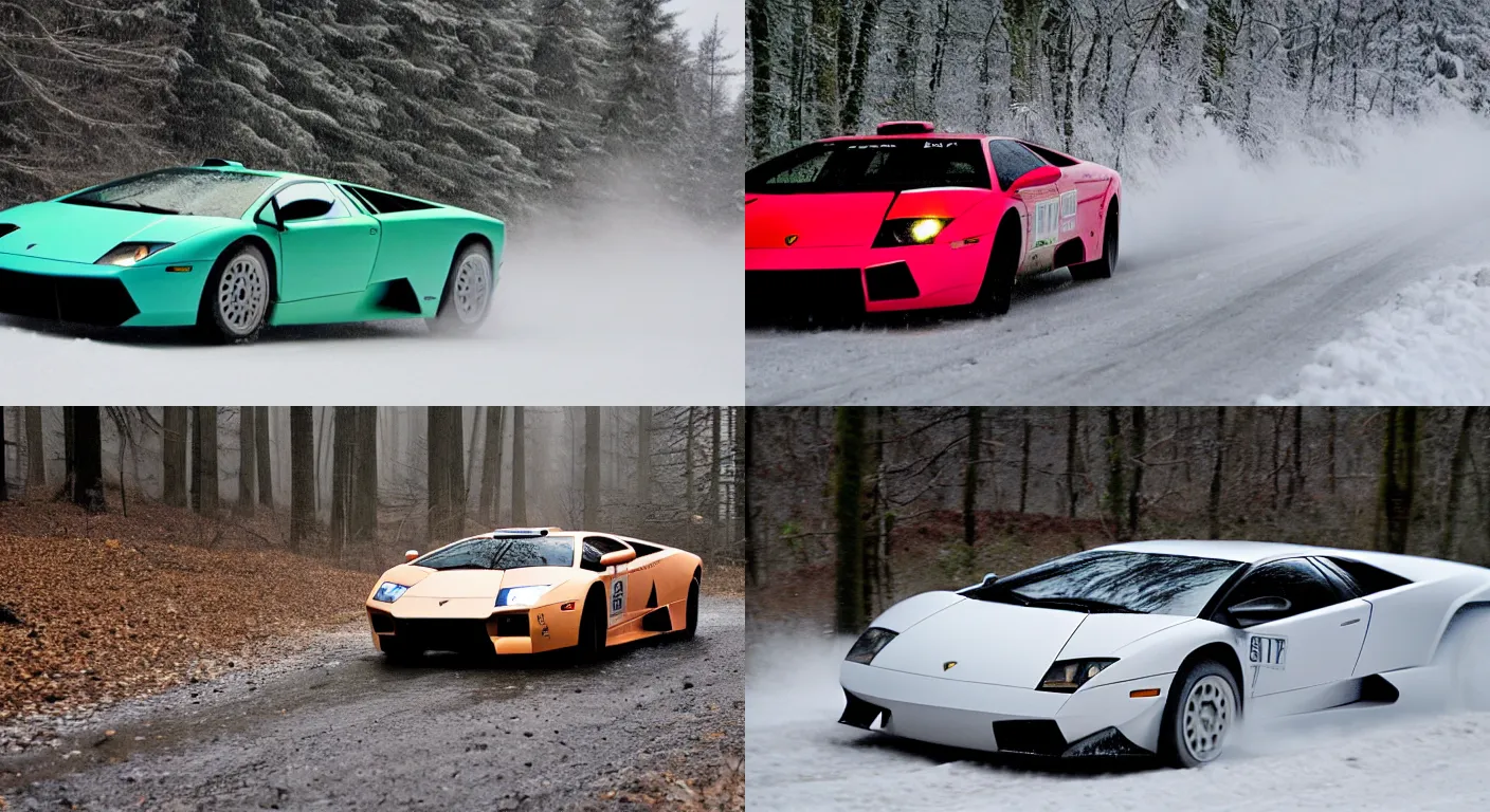 Prompt: a 2 0 0 5 lamborghini murcielago, racing through a rally stage in a snowy forest