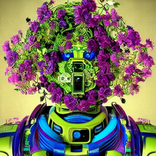 Image similar to colourful vfx art - portrait of army mecha robot wrapped in flowers & vines, art by utagawa kunisada & tadanori yokoo, volumetric light, ray tracing, sharp, detailed, digital painting, illustration, highly detailed, intricate detail, unreal engine, octane render, pinterest, behance, art station,